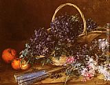 A Still Life with a Basket of Flowers, Oranges and a Fan on a Table